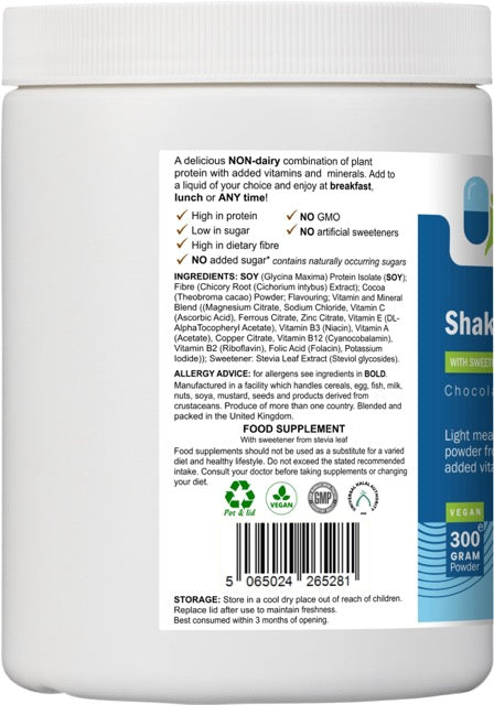 Left-side label of AnMar™ ShakeTime Choco displaying ingredients list, allergen warnings, vegan certification, and barcode on a 300g chocolate protein powder tub.