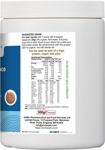 Side label of AnMar™ ShakeTime Choco showing suggested usage, nutritional values per 25g serving, and suitability for vegan diets on a 300g chocolate protein powder tub.