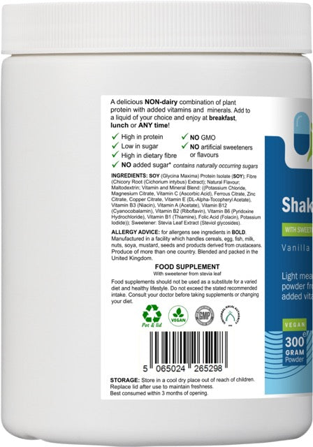 Rear label of AnMar™ ShakeTime Vanilla 300g tub showing non-dairy soy protein ingredients, nutritional highlights, allergen advice, and barcode.