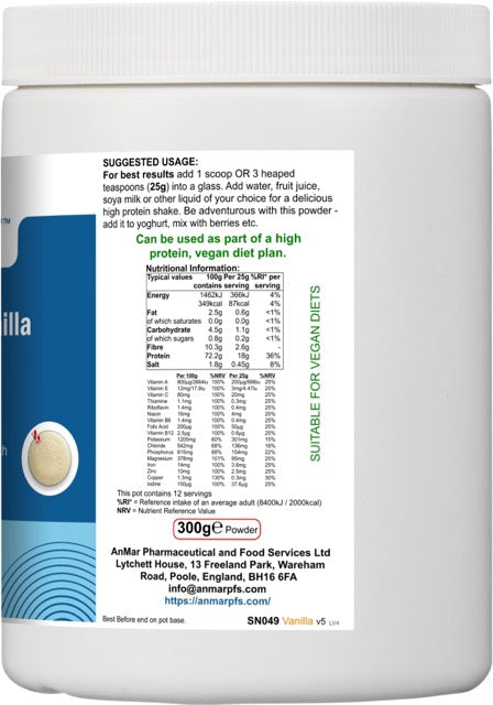 Side label of AnMar™ ShakeTime Vanilla 300g tub showing suggested usage instructions, full nutritional breakdown per 100g and 25g serving, and company contact information.