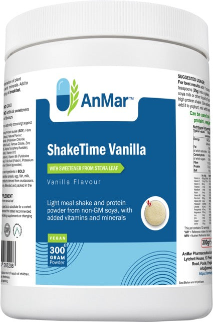 Front label of AnMar™ ShakeTime Vanilla, a 300g vegan protein and meal replacement shake with non-GMO soy, added vitamins and minerals, and sweetened with stevia.