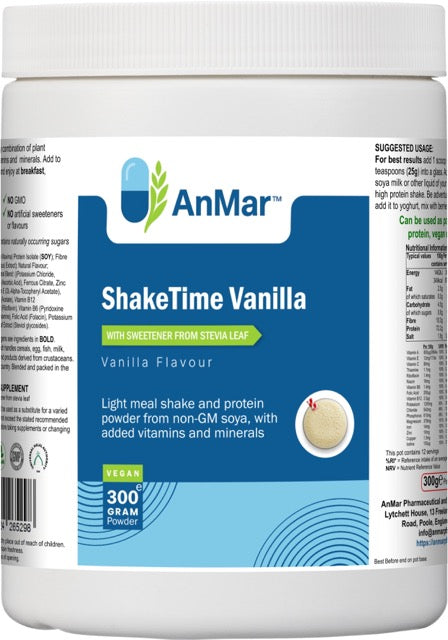 Angled view of AnMar™ ShakeTime Vanilla, a 300g vegan meal replacement and protein shake with non-GMO soy, vitamins, minerals, and stevia sweetener.