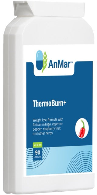 Angled front view of AnMar™ ThermoBurn+ bottle highlighting vegan-friendly formula with African mango, cayenne, raspberry, and herbs – 90 capsules.