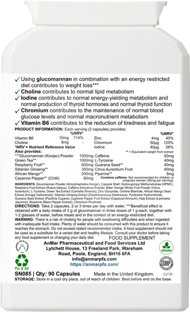 Back label of AnMar™ ThermoBurn+ showing supplement facts, usage instructions, and full ingredient list including glucomannan, green tea, cayenne, chromium, and vitamins.