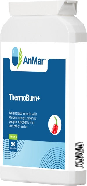 Angled front view of AnMar™ ThermoBurn+ bottle featuring a vegan weight loss supplement with African mango, cayenne, raspberry, and herbs – 90 capsules.