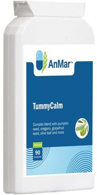 Angled front view of AnMar™ TummyCalm supplement bottle with vegan label, showing product name and key ingredients including pumpkin seed, oregano, grapefruit seed, and olive leaf.