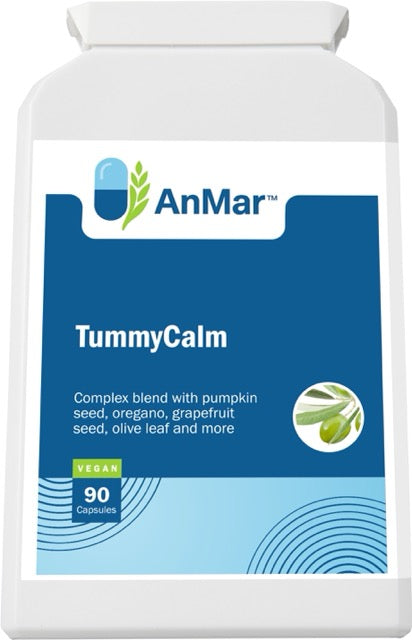 Angled front view of AnMar™ TummyCalm supplement, showing vegan capsule bottle for digestive support with herbal ingredients.