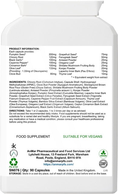 Back label of AnMar™ TummyCalm bottle showing supplement facts, full ingredient list, usage directions, and vegan certification.