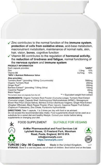 Rear view of AnMar™ TurmericPlus supplement bottle showing ingredients, vitamin and mineral content, suggested use, allergy advice, and manufacturer details.