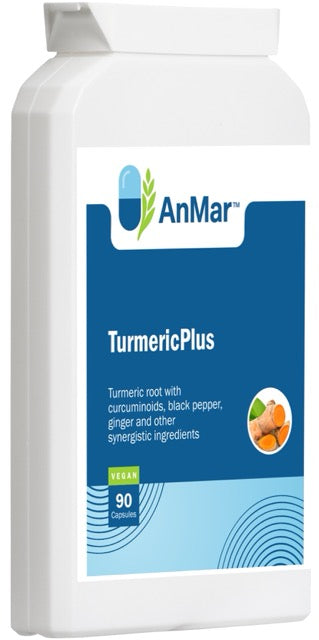 Left-side angled view of AnMar™ TurmericPlus bottle featuring 90 vegan capsules with turmeric, ginger, and black pepper for daily antioxidant and inflammation support.