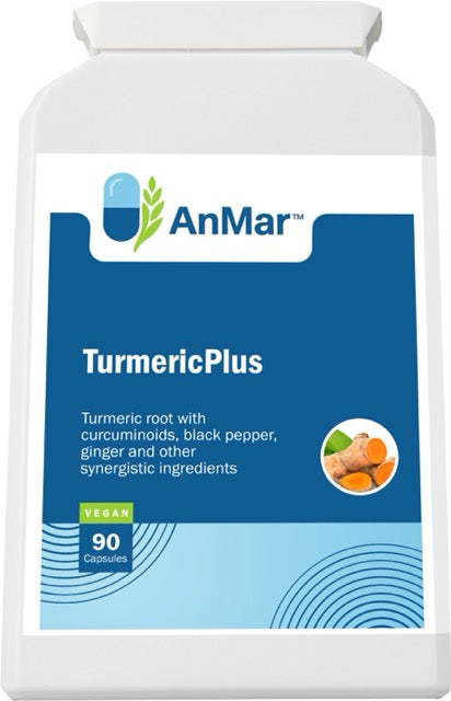 Angled front view of AnMar™ TurmericPlus bottle featuring turmeric, black pepper, and ginger blend in a 90-capsule vegan formula.