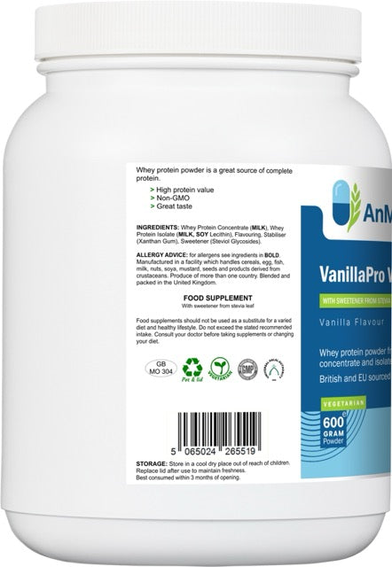 Side view of AnMar™ VanillaPro Whey 600g tub showing ingredients list, nutritional claims, allergen warnings, and recycling symbols.