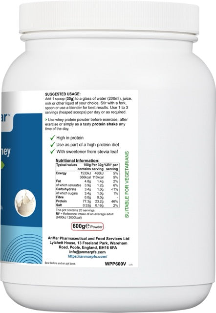 Side label of AnMar™ VanillaPro Whey 600g showing nutritional information, suggested use instructions, and suitability for vegetarians.