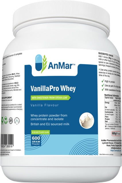 Front view of AnMar™ VanillaPro Whey protein powder tub in vanilla flavour, made from whey concentrate and isolate, with stevia sweetener.