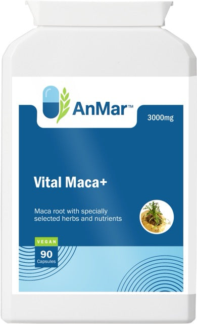 Front label of AnMar™ Vital Maca+ supplement showing maca root with herbs and nutrients, 3000mg dosage, and vegan certification.