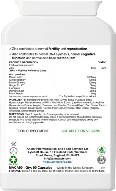 Back label of AnMar™ Vital Maca+ showing ingredients including maca root, ginkgo, ginseng, L-arginine, and zinc, suitable for vegans, 90 capsules.
