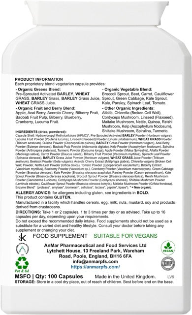 Back label of AnMar™ Vital Nourish+ supplement showing detailed ingredient list including organic greens, vegetables, fruits, herbs, and instructions for use.