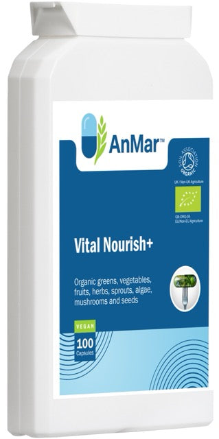 Angled front view of AnMar™ Vital Nourish+ supplement bottle highlighting organic greens, vegetables, fruits, herbs, and EU organic certification.