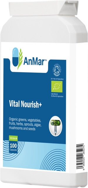 Side front angle of AnMar™ Vital Nourish+ bottle showing organic blend of greens, vegetables, algae, sprouts, and fruits with EU organic certification badge.