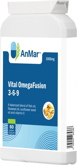 Angled right view of AnMar™ Vital OmegaFusion 3-6-9, 1000mg, featuring 60 softgels with fish oil, flaxseed oil, sunflower seed oil, and vitamin E.