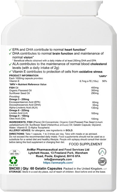 Back view of AnMar™ Vital OmegaFusion 3-6-9 bottle showing nutrition information, omega 3-6-9 breakdown, vitamin E content, fish and seed oils, and usage directions.