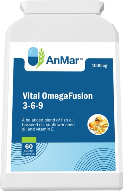 Front label of AnMar™ Vital OmegaFusion 3-6-9 showing a 60 softgel capsule bottle with a balanced blend of fish oil, flaxseed oil, sunflower seed oil, and vitamin E in 1000mg strength.