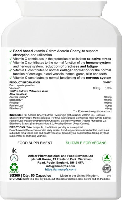Back label of AnMar™ Vital Pure C supplement showing product information, vitamin C content, ingredients list, and health claims.
