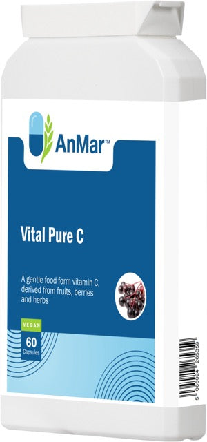 Angled product image of AnMar™ Vital Pure C bottle, featuring a gentle vitamin C supplement from fruit, berry, and herb sources in 60 vegan capsules.