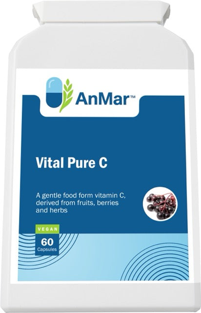 Angled front image of AnMar™ Vital Pure C bottle, a gentle food form vitamin C supplement with ingredients from fruits, berries, and herbs.