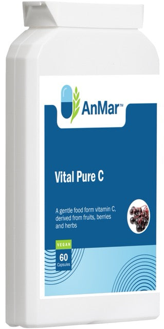 Side-angled view of AnMar™ Vital Pure C bottle, showing a vitamin C food supplement made from fruits, berries, and herbs, in a 60 vegan capsule format.