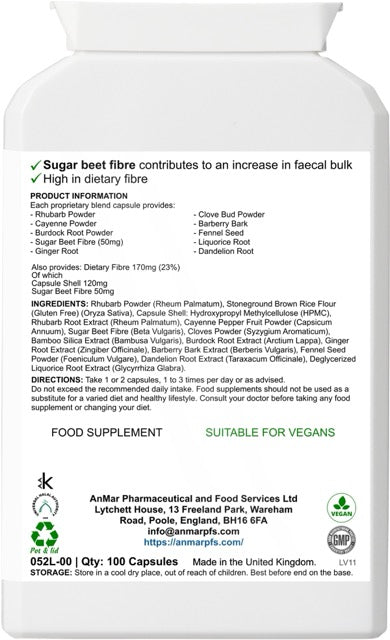 Back label of AnMar™ Digesticlean A showing ingredients list, dosage directions, dietary fibre content, and vegan suitability. Contains herbal extracts and sugar beet fibre.