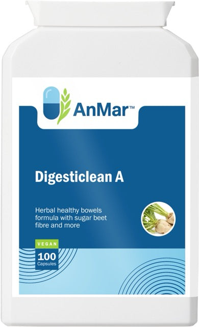 Front view of AnMar™ Digesticlean A bottle showing vegan digestive health supplement with sugar beet fibre, designed to support healthy bowels.