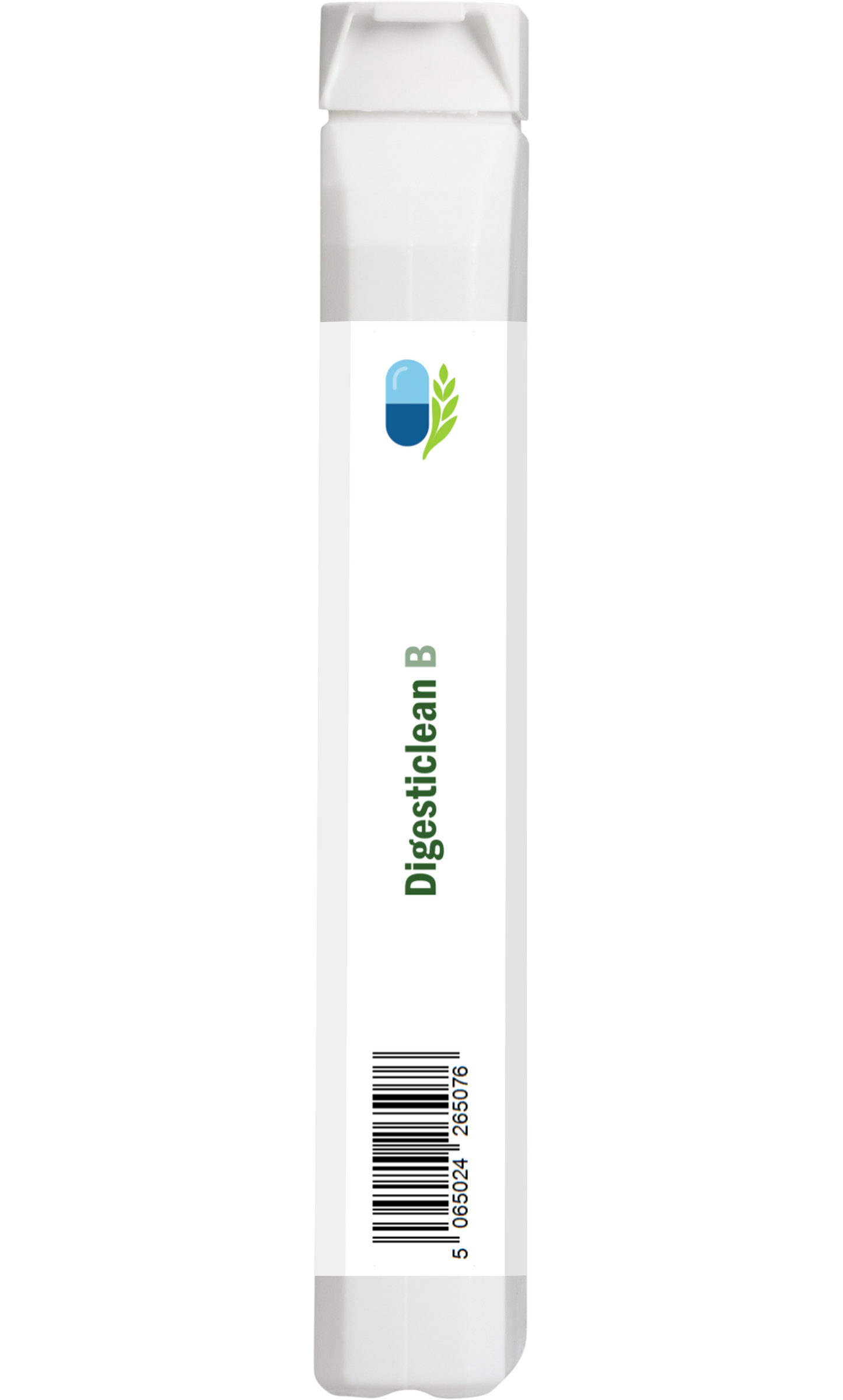 Side profile of AnMar™ Digesticlean B supplement bottle showing white label with barcode. Slim packaging design for 100 vegan capsules.