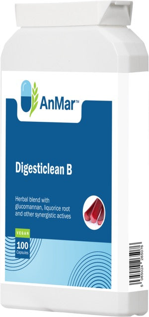 Right-side view of AnMar™ Digesticlean B supplement bottle showing product label with glucomannan, liquorice root, and other synergistic actives. Vegan-friendly, 100 capsules.