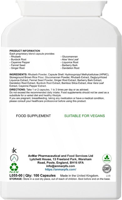 Back label of AnMar™ Digesticlean B supplement bottle listing ingredients like glucomannan, aloe vera, liquorice root, and directions for use. Suitable for vegans.