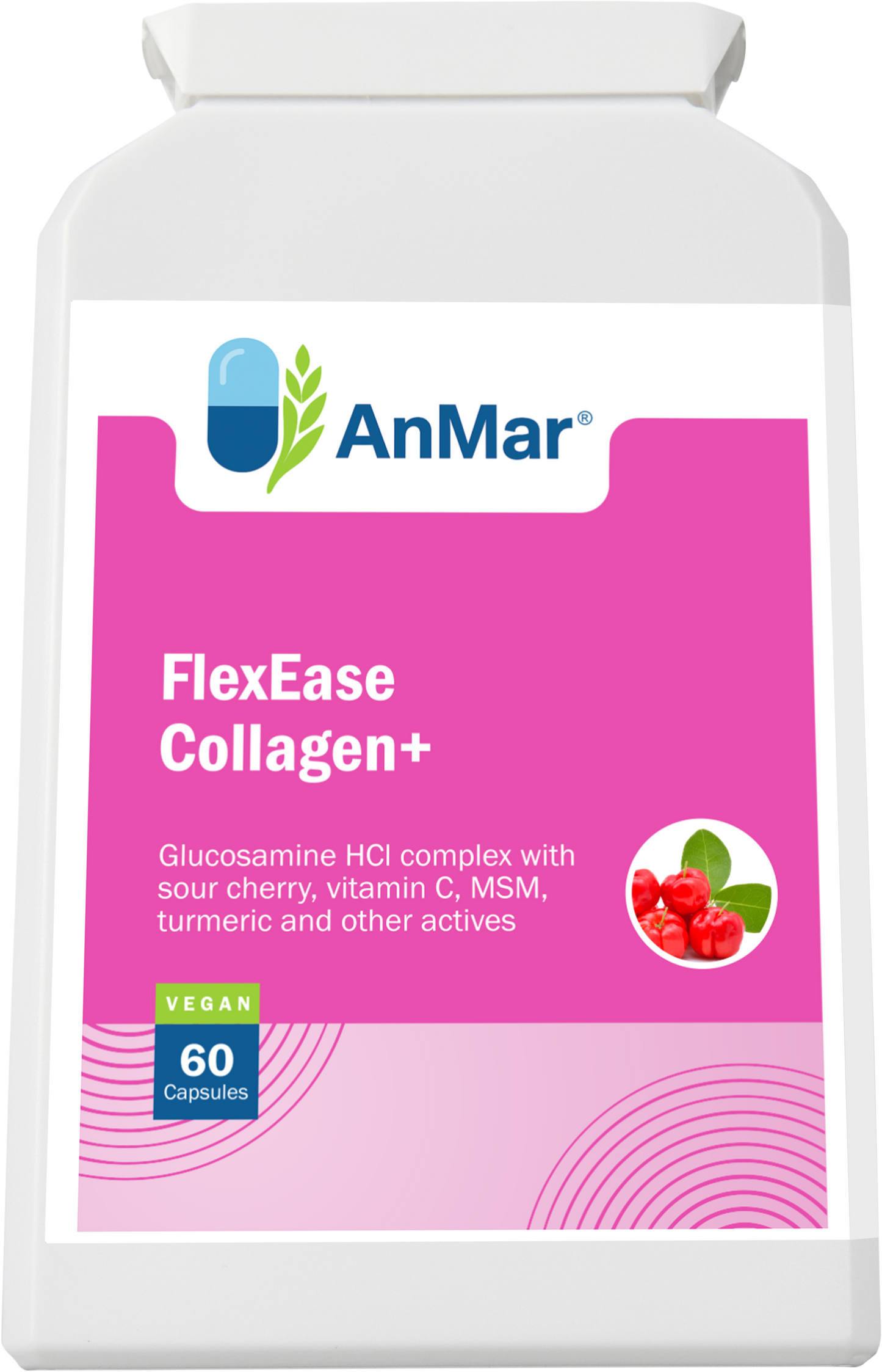 Front label view of AnMar™ FlexEase Collagen+ bottle showing supplement for joint health with glucosamine, sour cherry, vitamin C, MSM, and turmeric.
