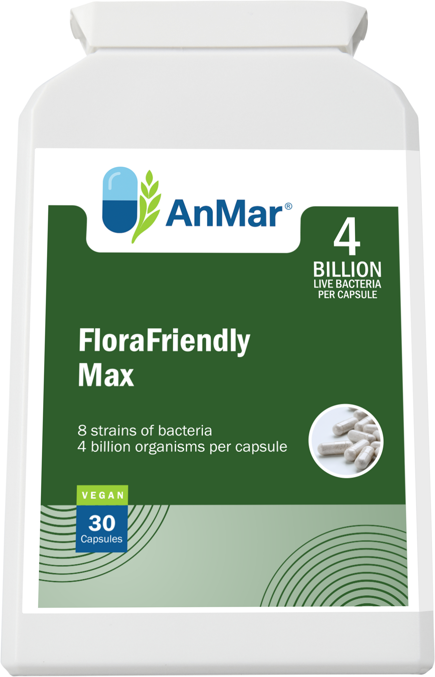 Flat front image of AnMar™ FloraFriendly Max bottle featuring 4 billion live bacteria per capsule and 8 probiotic strains. Vegan, 30 capsules.