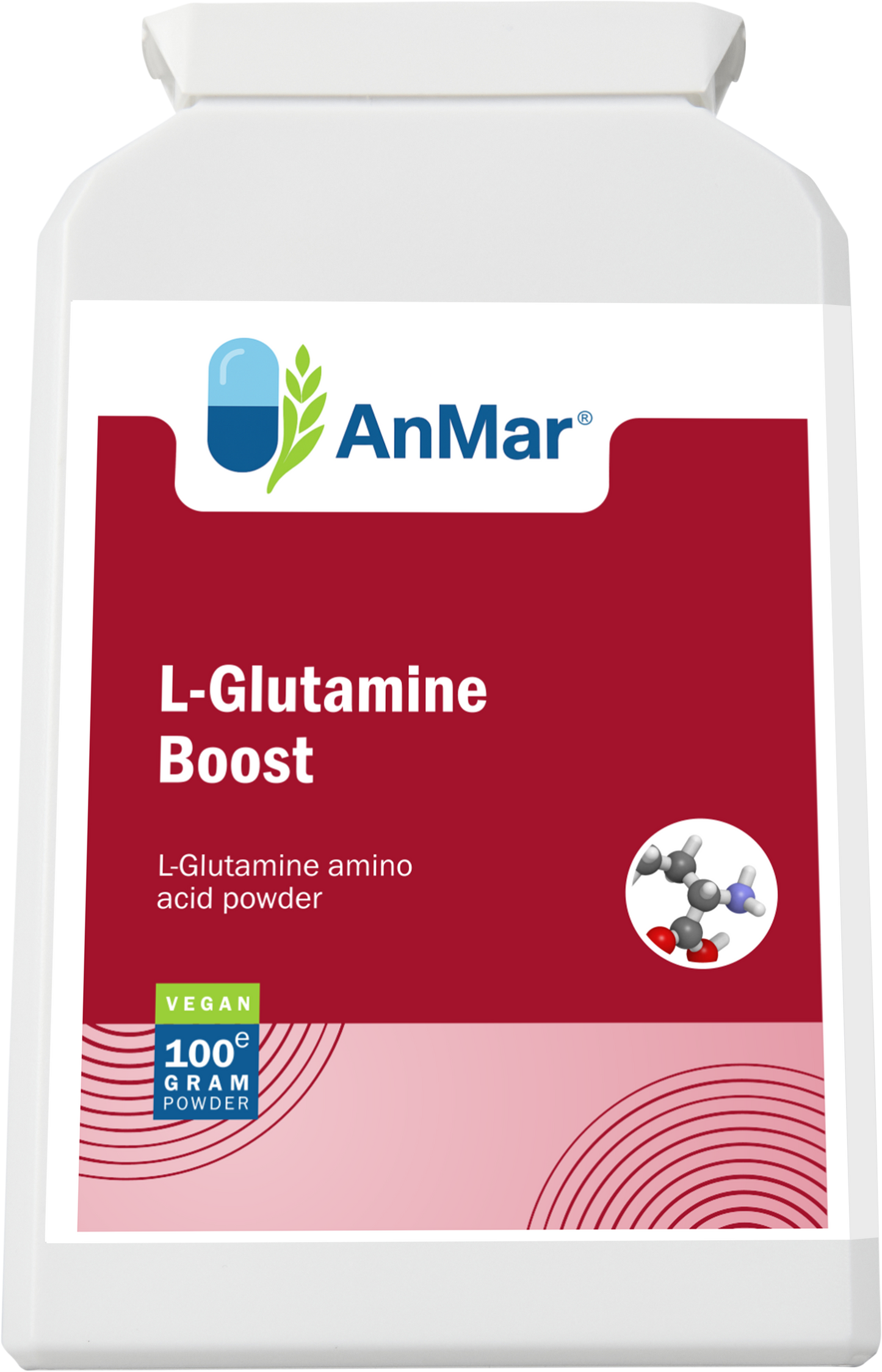 Angled front label view of AnMar™ L-Glutamine Boost 100g vegan amino acid powder with molecule graphic.