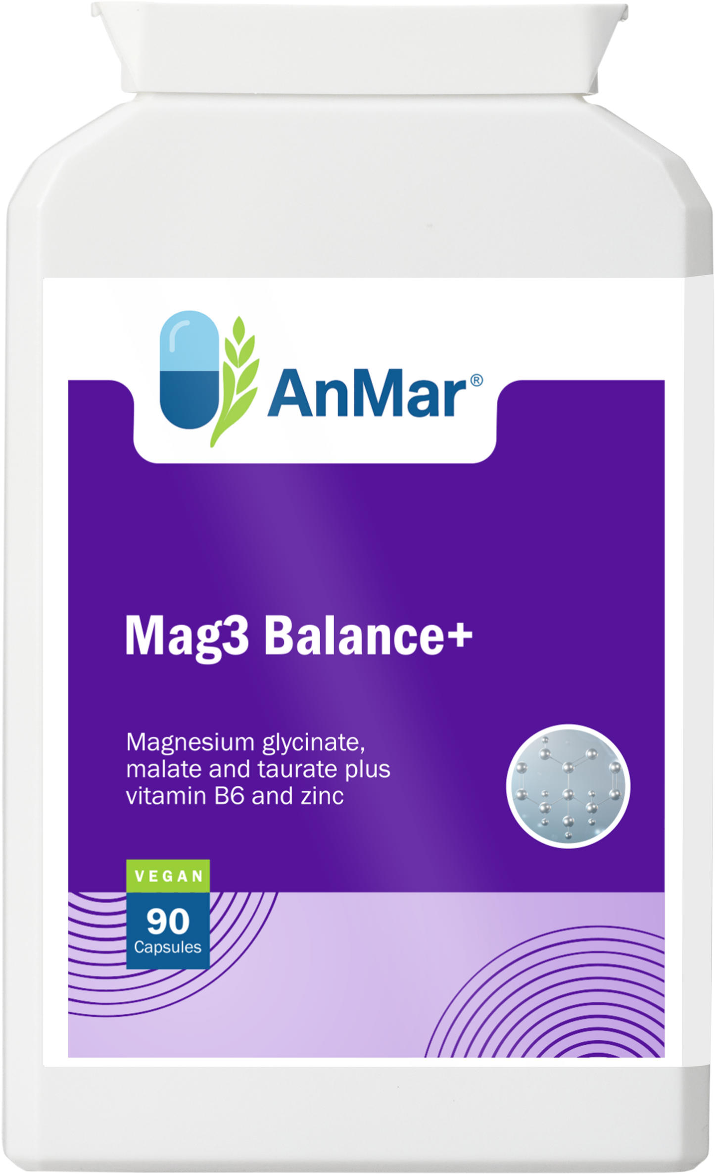 Mag3 Balance+ Magnesium Complex Capsules – Magnesium Glycinate, Malate & Taurate with Vitamin B6 & Zinc – Vegan – 90 Capsules