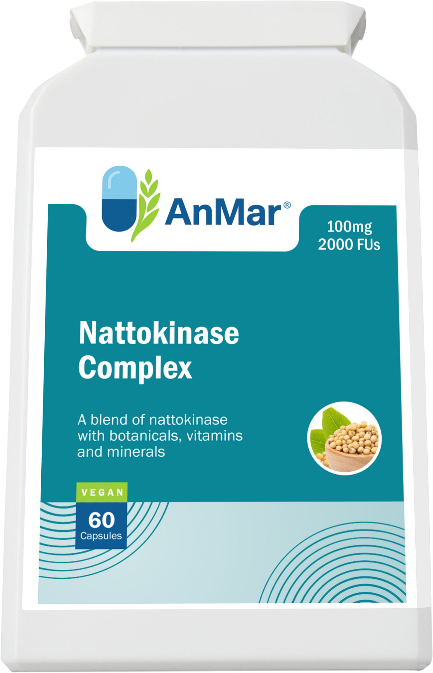 Angled front view of AnMar™ Nattokinase Complex showing 100mg strength, 2000 FUs per capsule, and vegan-friendly formula with botanicals, vitamins, and minerals.