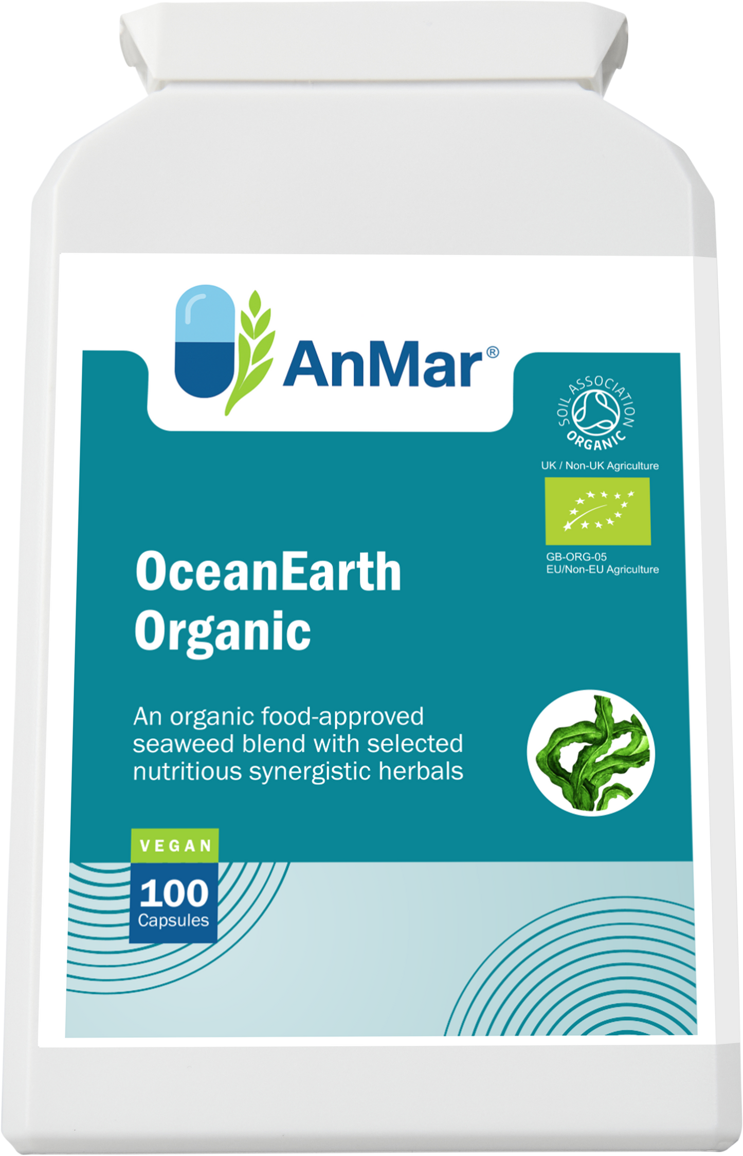 Top-front angled view of AnMar™ OceanEarth Organic supplement bottle featuring vegan and organic certification labels with seaweed blend branding.