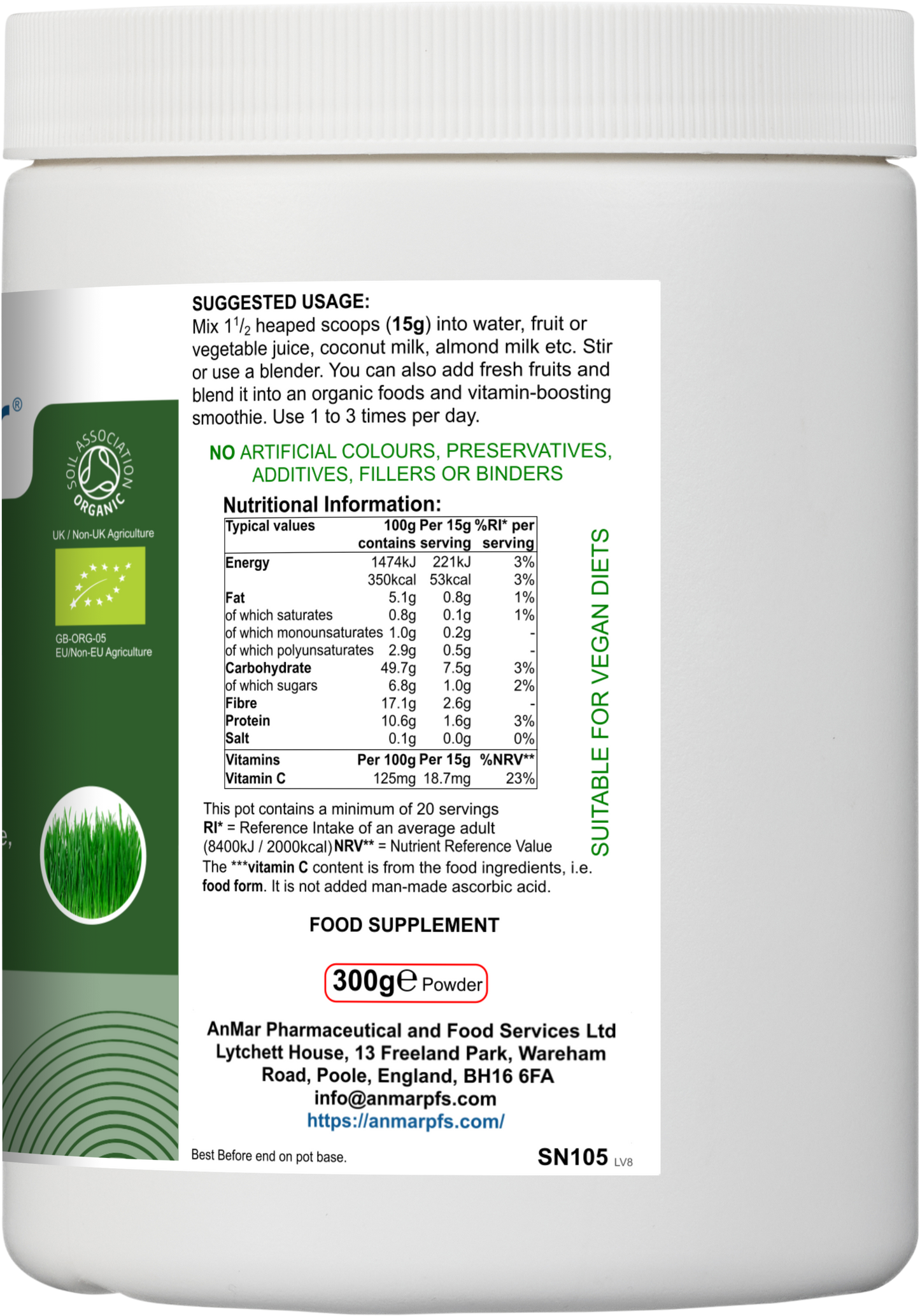 Right side of AnMar™ Organic Greens+ 300g tub showing suggested usage, nutritional information panel, vegan suitability, and powder weight label.