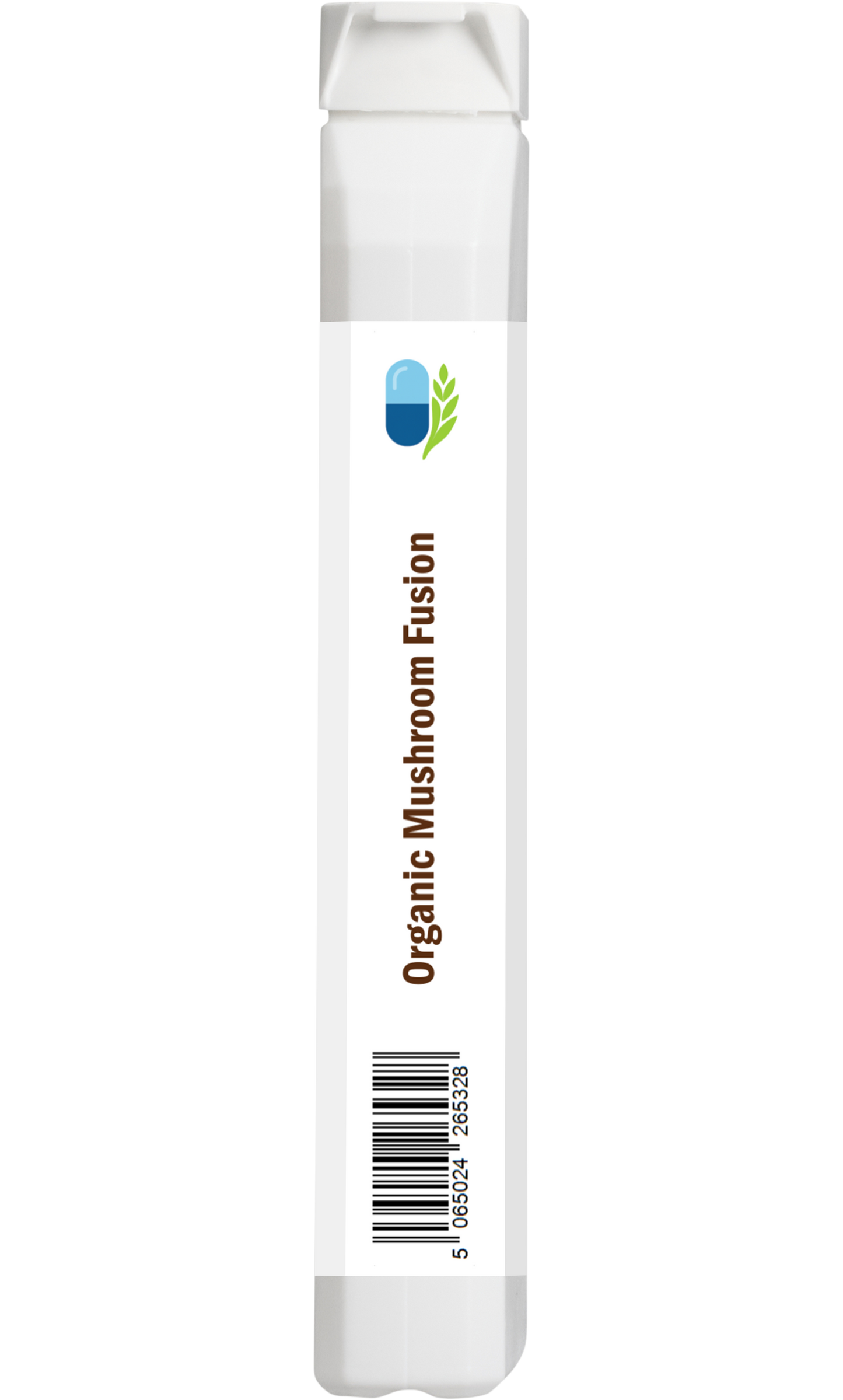Side view of AnMar™ Organic Mushroom Fusion supplement bottle showing product barcode and slim profile packaging.