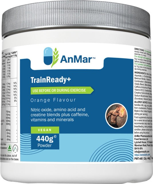 AnMar™ TrainReady+ Orange Flavour pre-workout supplement – 440g vegan powder tub with blue label, promoting nitric oxide, amino acid, creatine, caffeine, and vitamin blend for use before or during exercise