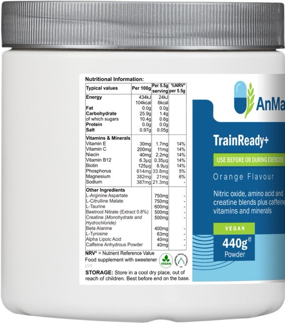 Nutritional information panel on the AnMar™ TrainReady+ Orange Flavour supplement tub, detailing per-serving values for vitamins, minerals, amino acids, and other active ingredients like L-arginine, creatine, and caffeine.