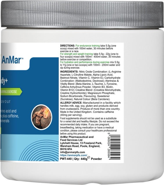 Back label of AnMar™ TrainReady+ Orange Flavour supplement tub, showing usage directions, ingredients list including L-arginine, creatine, caffeine, and vitamins, as well as manufacturer contact details and nutritional disclaimers.