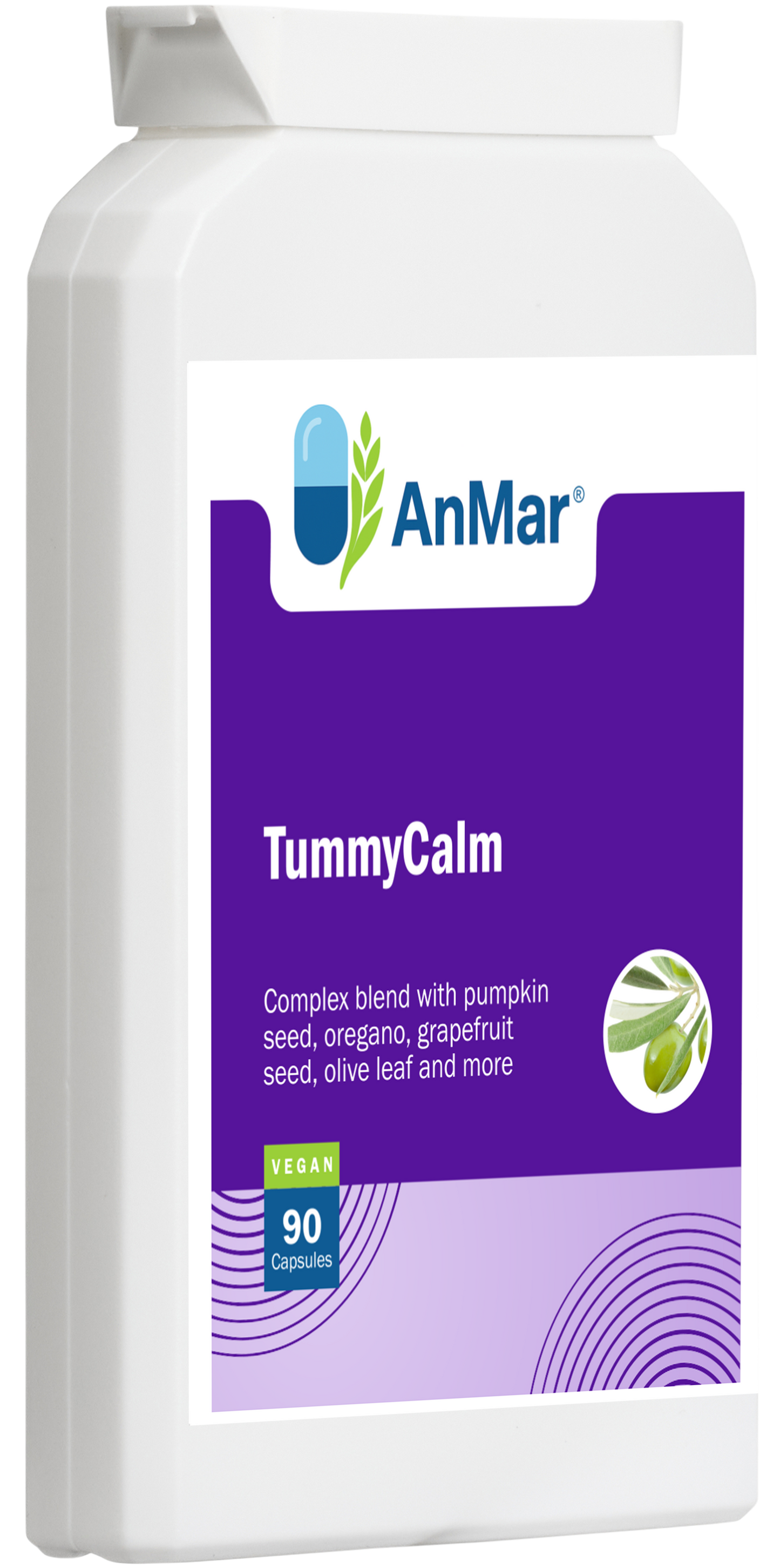 Angled front view of AnMar™ TummyCalm supplement bottle with vegan label, showing product name and key ingredients including pumpkin seed, oregano, grapefruit seed, and olive leaf.