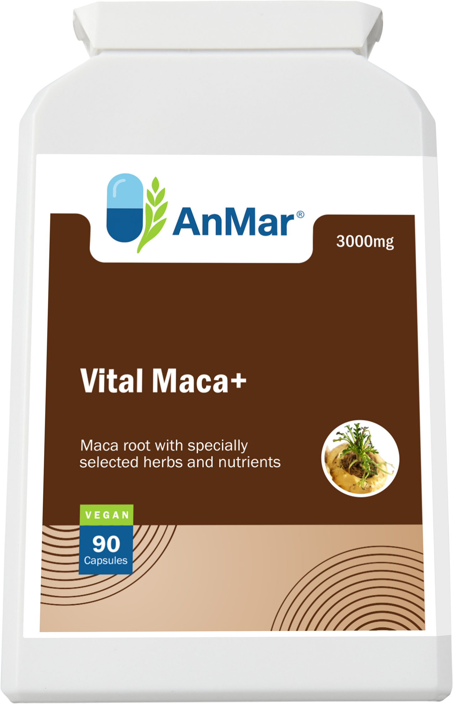 Flat front view of AnMar™ Vital Maca+ supplement showing 3000mg maca root with herbs and nutrients, vegan-certified, 90 capsules.