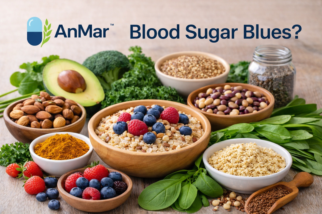 AnMar™ Blood Sugar Blues? Promoting healthy blood sugar management with wholesome foods like oatmeal, berries, quinoa, and almonds, alongside the AnMar™ logo.