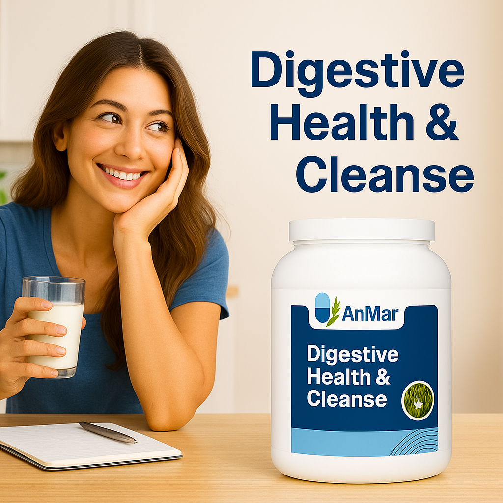 A smiling woman holding a glass of water sits at a kitchen table beside a large white AnMar™ Digestive Health & Cleanse supplement tub, promoting gut health and natural wellness.